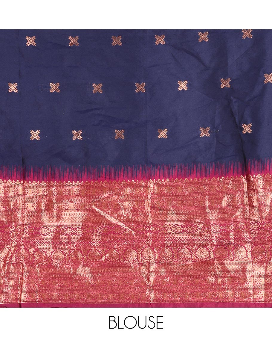 Dark blue taffeta silk half saree, floral zari buttas with contrast green traditional zari border, matching zari blouse, and contrast plain zari border dhavani
