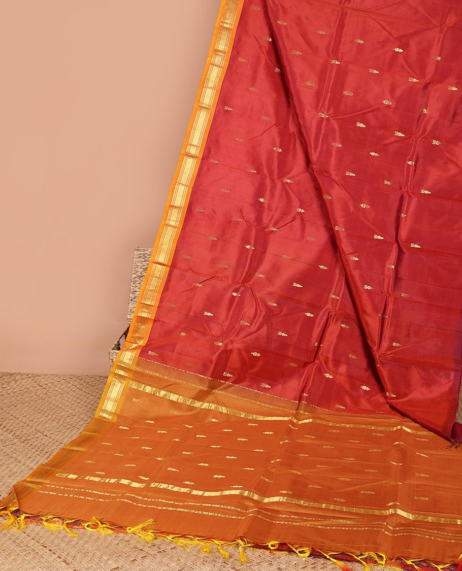 Red floral buttas kancheepuram silk saree with contrast border of  banaras, muthu, jaal designs & zari design pallu