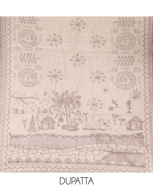 Fawn material churidar set, warli tribe village theme print with mirror work semi-tussar top, plain bottom, and warli tribe village theme print semi-tussar dupatta