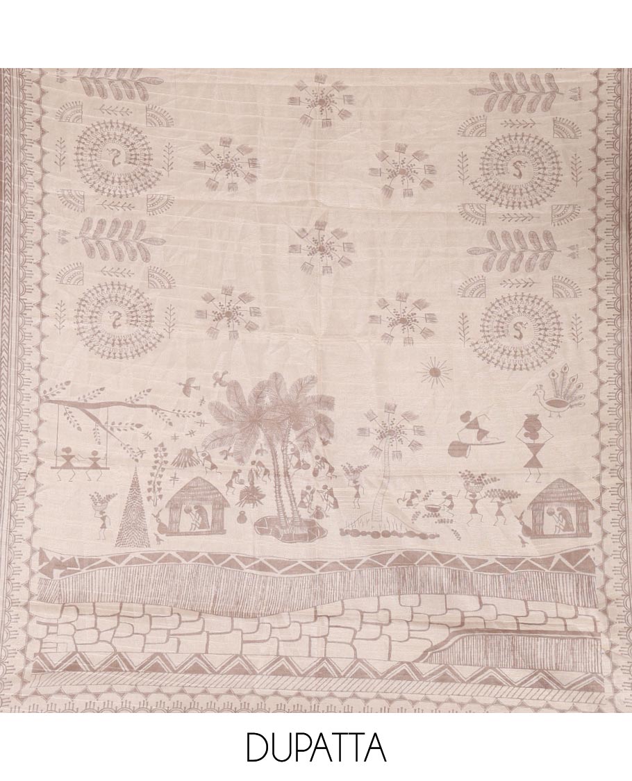 Fawn material churidar set, warli tribe village theme print with mirror work semi-tussar top, plain bottom, and warli tribe village theme print semi-tussar dupatta