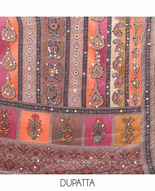 Chocolate brown shifli sequins work, swarovski stone, moti work georgette chudidhar material top with american crepe pant & chinnon material digital print , mirror work dupatta