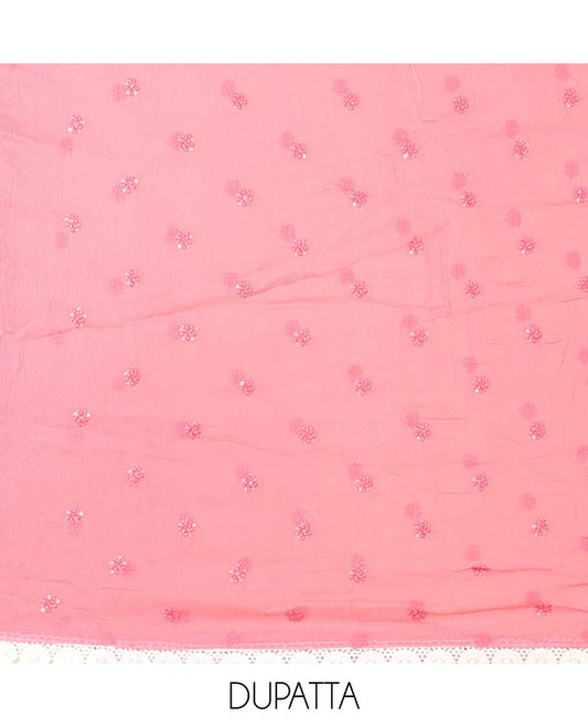 Pink material chudidhar set, unique print & embroidered top, plain bottom & embroidered dupatta