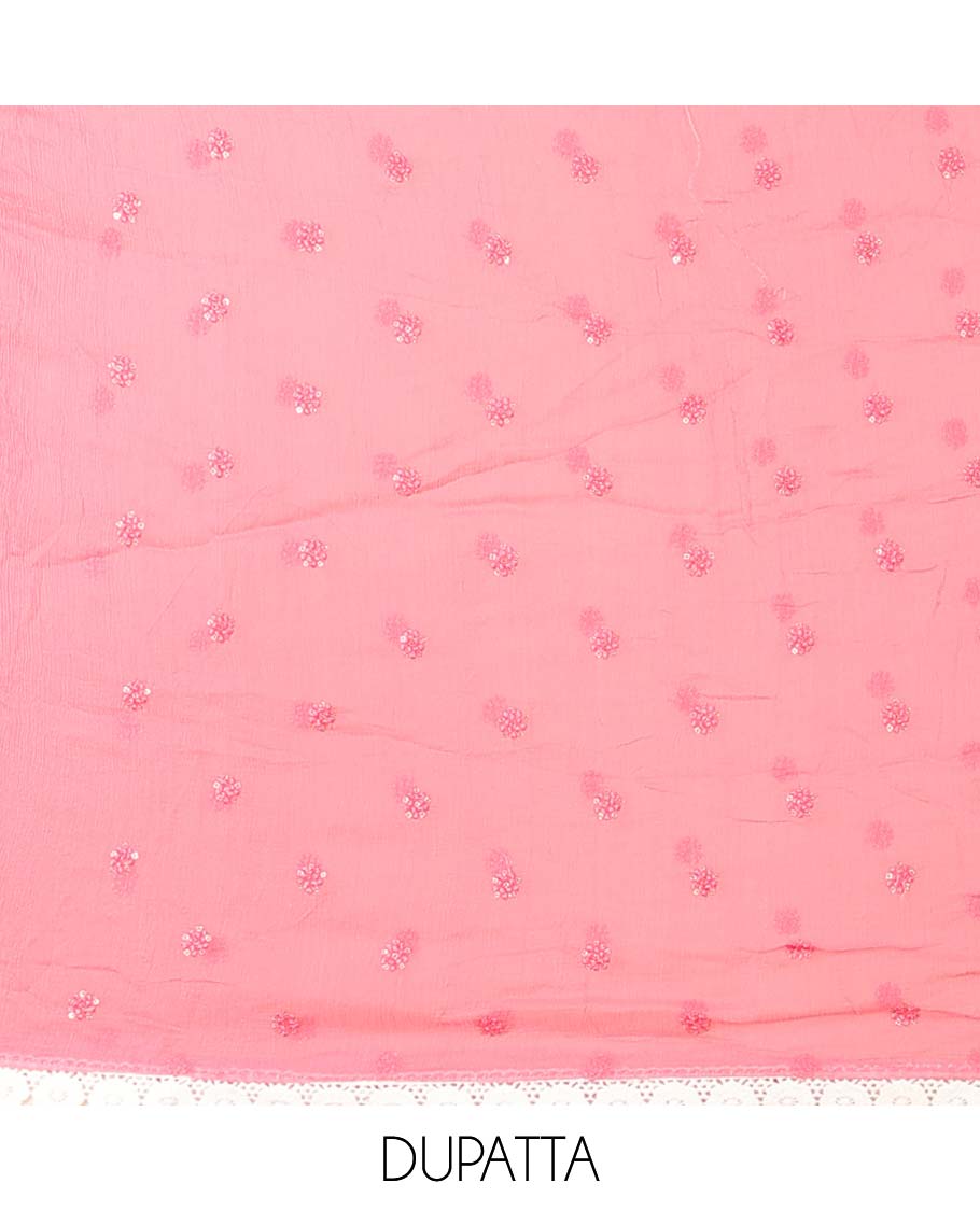 Pink material chudidhar set, unique print & embroidered top, plain bottom & embroidered dupatta