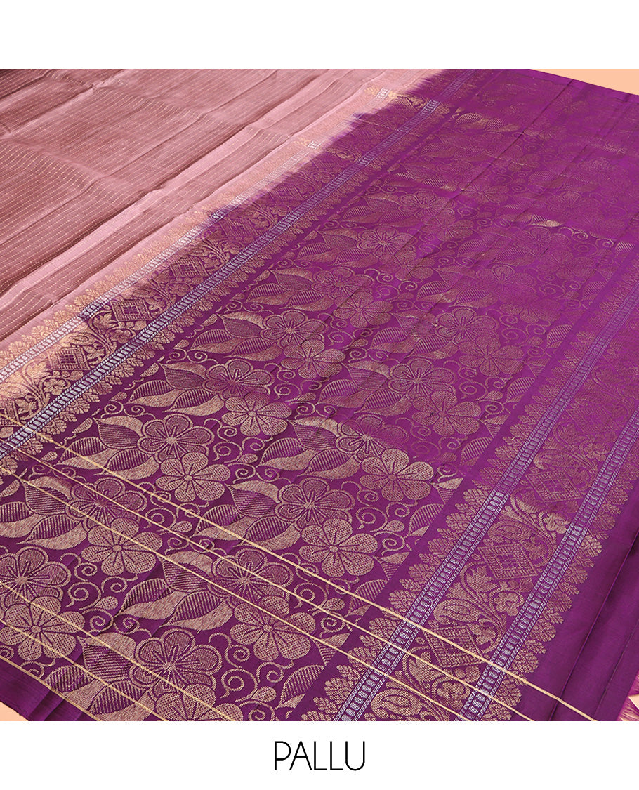 Rosewood Pink Mayuri Lite Silk Mix Saree, Woven with Muthu Stripes All Over Its Body, Complemented by a Contrast Border of Kolam Motifs, Flora-Leaf Design Pallu, and Paired with a Contrast Blouse