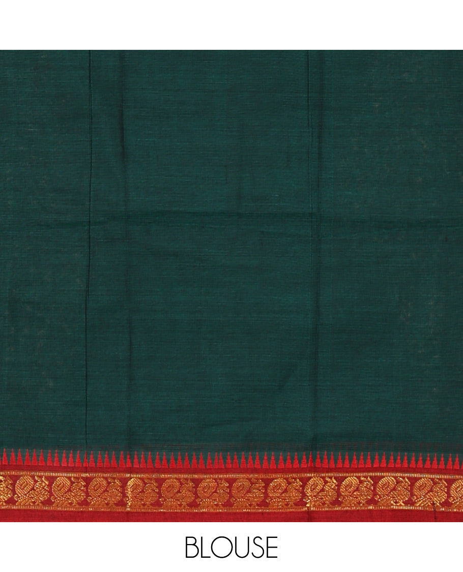 Green mercerized cotton half-saree, plain & contrast peacock motifs gold zari temple border skirt, matching blouse & temple zari border vichitra silk dhavani