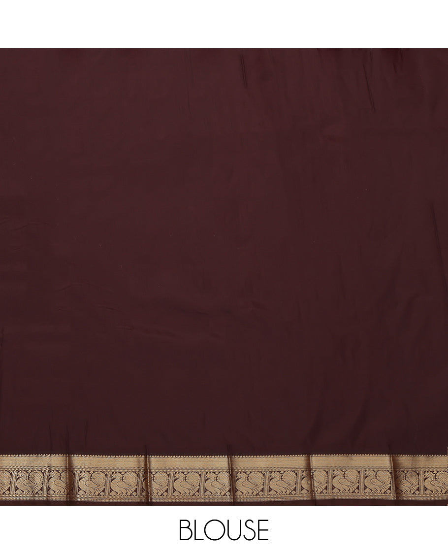 Red Budget Silk Saree, Adorned with Zari Buttas and Stripes, Complemented by a Contrast Traditional Zari Border, Grand Jaal Pallu, and Contrast Blouse