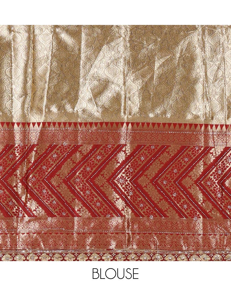 Gold banaras half saree, ogee skirt, contrast maroon traditional zari border, matching blouse, and Syska georgette embroidered dhavani