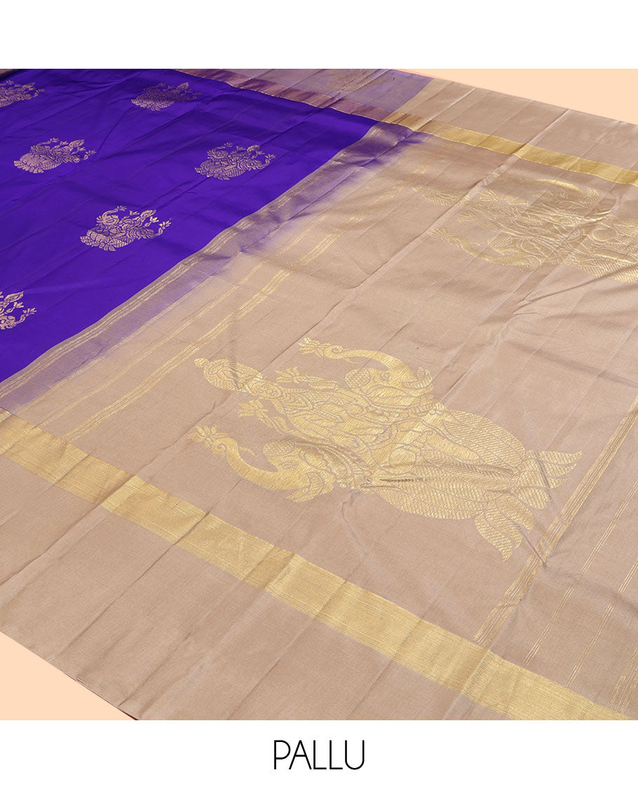 Blue Kanchipuram Silk Saree, Woven with Goddess Lakshmi Buttas, a Contrast Goddess Lakshmi Border, Goddess Lakshmi Pallu, and a Contrast Blouse