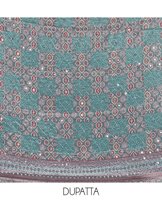 Hunter green material chudidar set, intricately printed with neck mirror work crepe top, Italian crepe bottom, and digital printed mirror work chinon dupatta