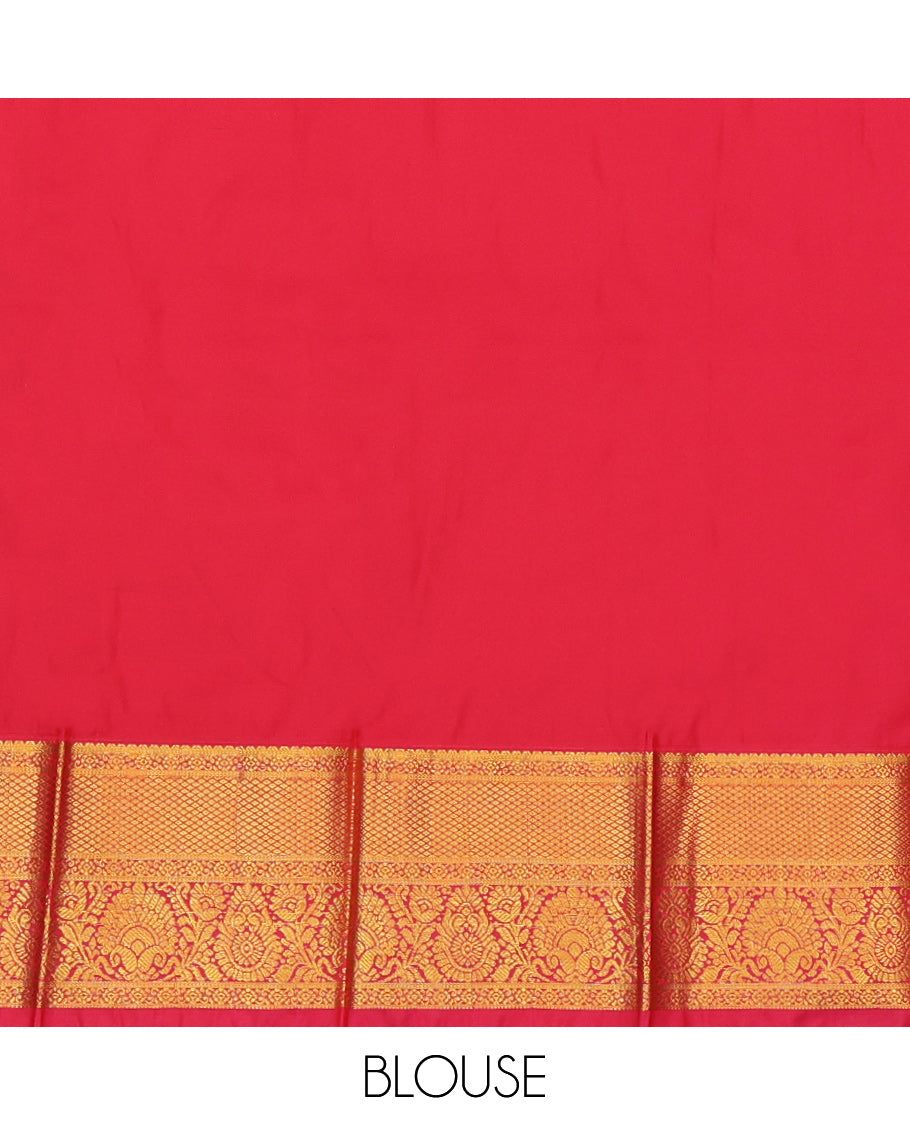 Orange Budget Silk Saree, Highlighted by Zari Designs, a Contrast Traditional Zari Border, Grand Pallu, and a Contrast Blouse
