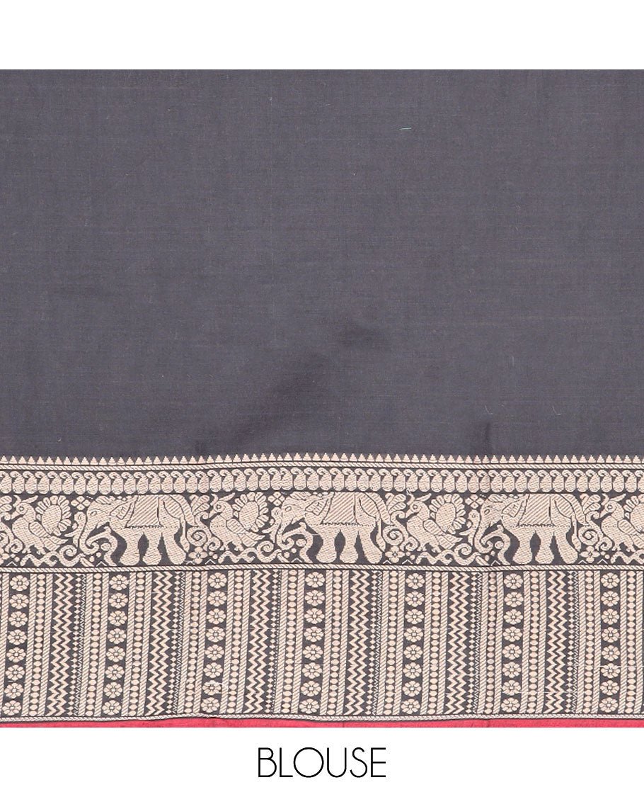 Black cotton half saree with contrast intricate zari design border, elephant design blouse & elephant design border dhavani
