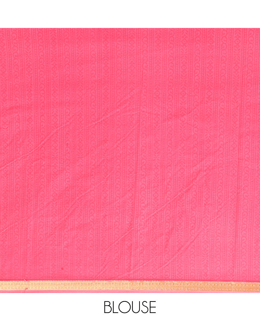 Pink Printed Silk Saree, Decked Up with Floral-Paisley Print, a Traditional Zari Border, Paisleys Pallu, and a Matching Blouse