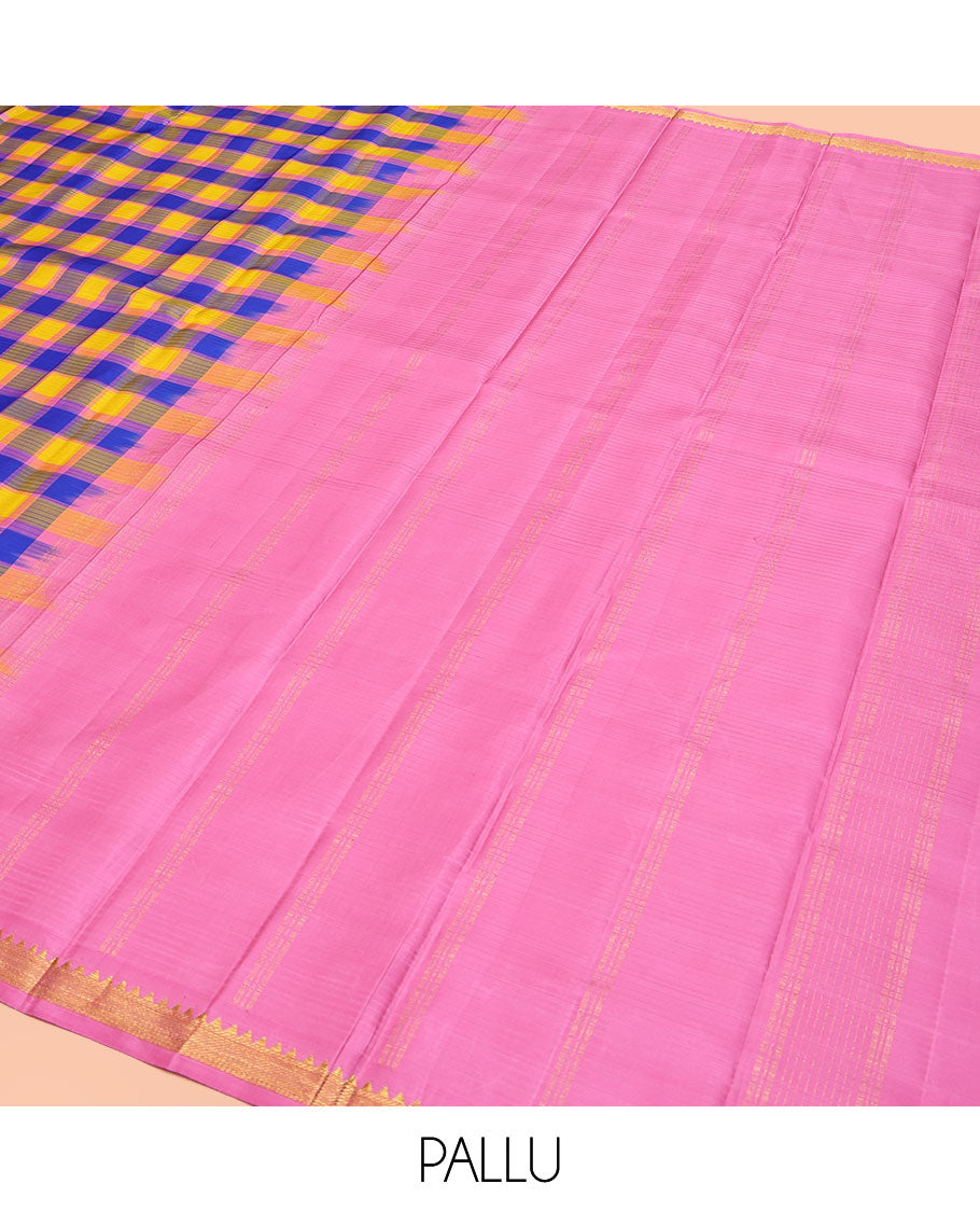Multi-Color Kanchipuram Silk Saree, Vibrantly Woven with Pazhum Palamum-Style Checks, Subtle Self-Border of Temple Designs, Subtly Zari Striped Pallu, and Paired with a Contrast Blouse