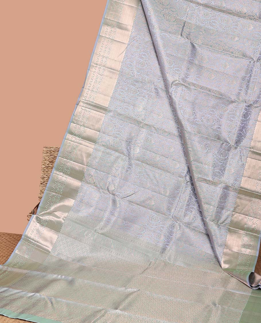 Grey floral jacquard kancheepuram silk saree with self zari design & taditional zari design pallu