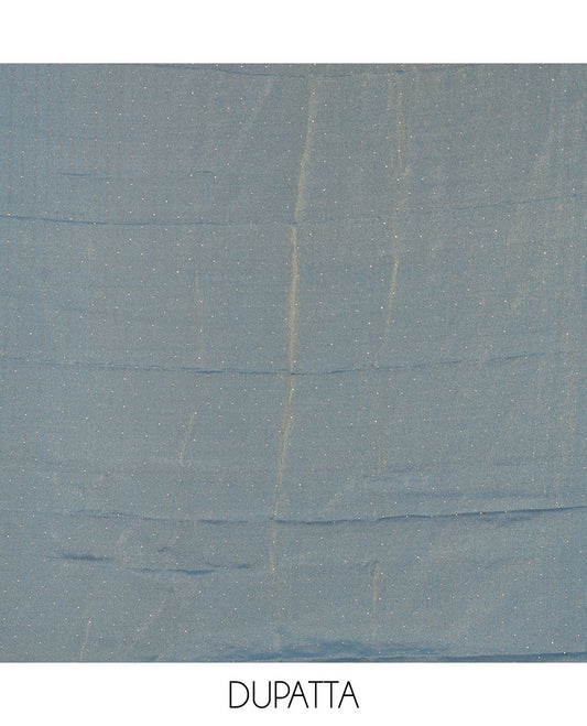 Blue material chudidar set, stone work moss organza top, a matching bottom, and scallop stone work moss organza dupatta