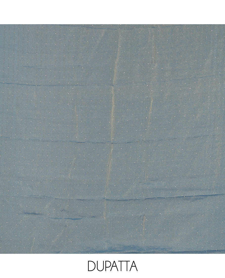 Blue material chudidar set, stone work moss organza top, a matching bottom, and scallop stone work moss organza dupatta