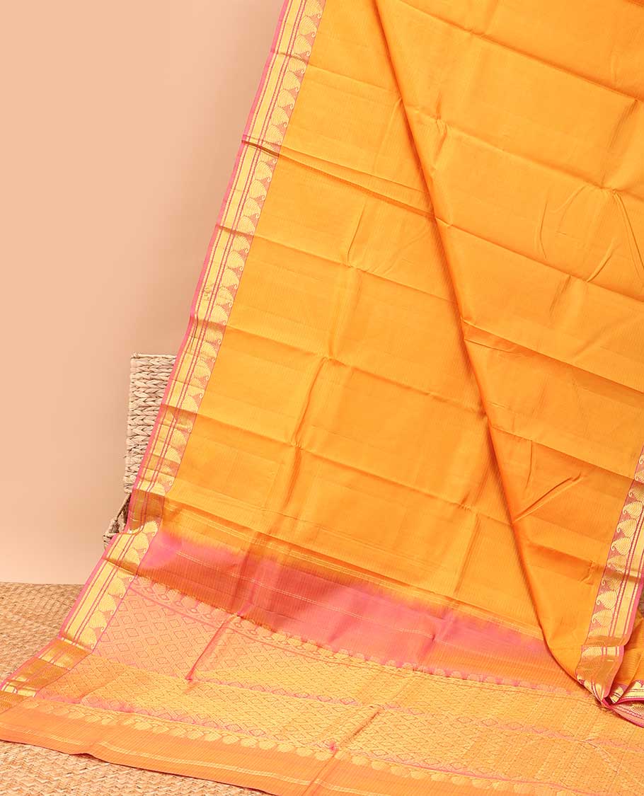 Yellow striped kancheepuram silk saree with contrast border og manga, banaras design & zari design pallu