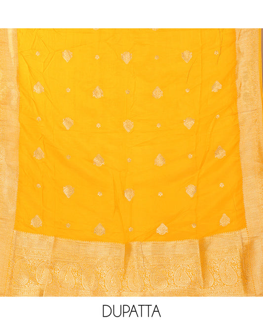 Mango yellow banaras semi-silk chudidar material set, floral zari buttas & stonework top,plain santoon bottom & gold zari design dupatta