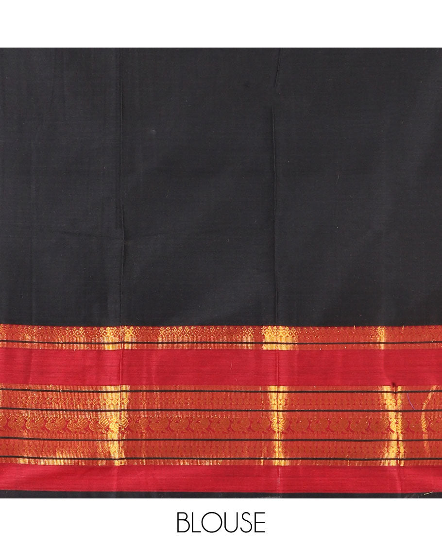 Black half-saree, plain with contrast varisai pettu traditional zari bordered skirt, matching blouse and a plain zari border contrast dhavani