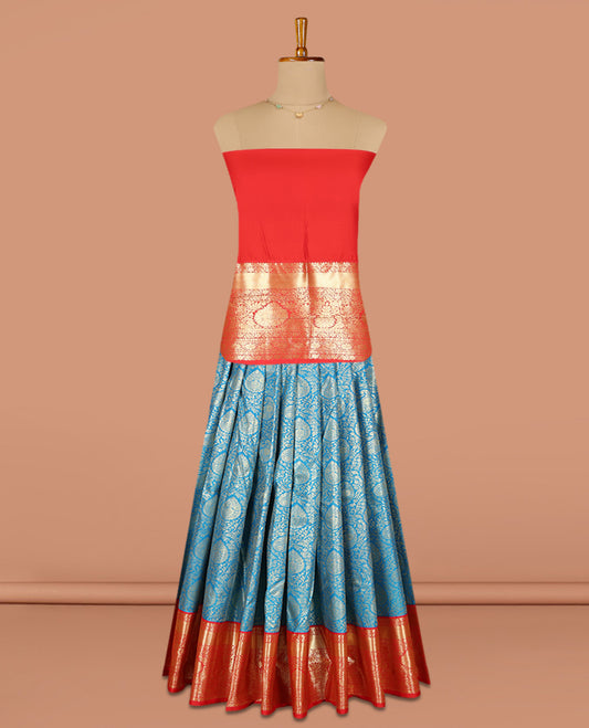 Blue Jacquard Art Silk Pavadai Material, a Contrast Traditional Zari Border, Contrast Blouse