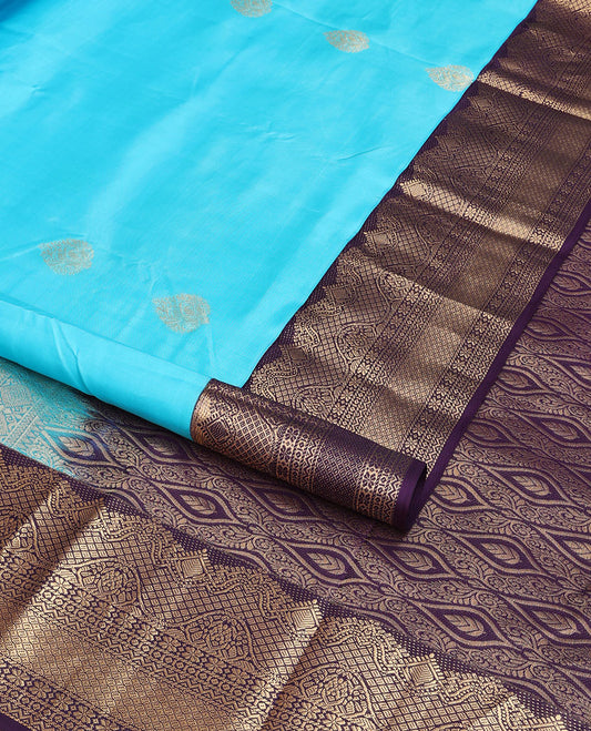 Light blue leaf buttas silk saree with contrast intricate zari design border & floral ogee design pallu