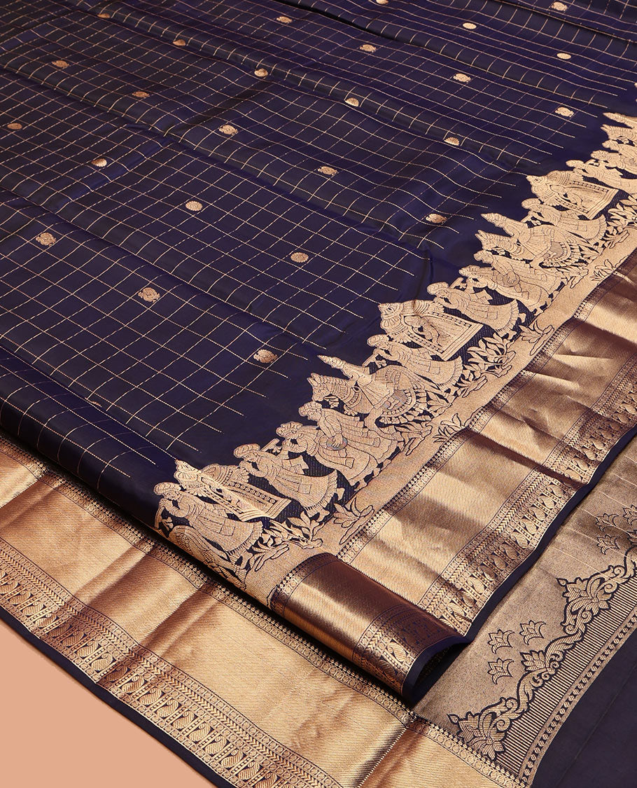 Blue Vasundhara Silk Saree, Ornamented with Mayil-Chakram Buttas and Checks, Highlighted by a Zari Border of Wedding-Themed Motif Weave, Grand Jaal Pallu, and a Matching Blouse