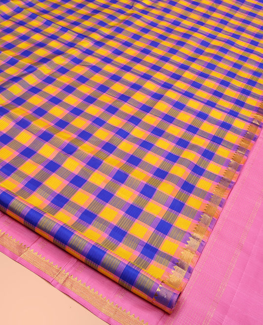 Multi-Color Kanchipuram Silk Saree, Vibrantly Woven with Pazhum Palamum-Style Checks, Subtle Self-Border of Temple Designs, Subtly Zari Striped Pallu, and Paired with a Contrast Blouse