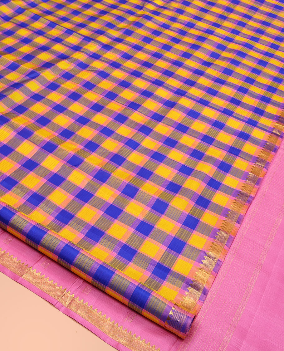 Multi-Color Kanchipuram Silk Saree, Vibrantly Woven with Pazhum Palamum-Style Checks, Subtle Self-Border of Temple Designs, Subtly Zari Striped Pallu, and Paired with a Contrast Blouse