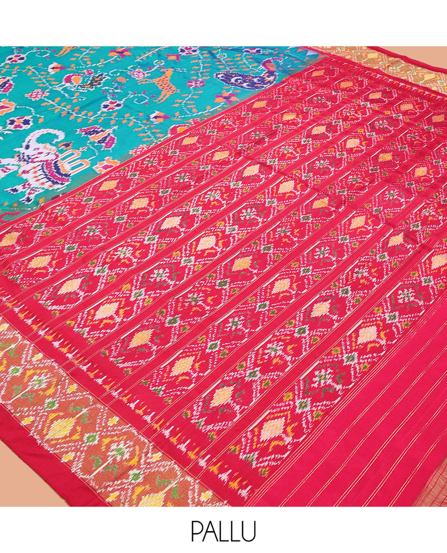 Blue Flora-Fauna Buttas Pochampally Ikat Saree, Contrast Border