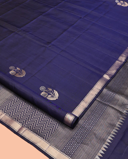 Blue Mayuri Soft Silk Saree, Richly Woven with Floral Zari Buttas All Over Its Body, Highlighted by a Zari Bavaji Border, Pallu of Vanki Designs, and Paired with a Matching Blouse