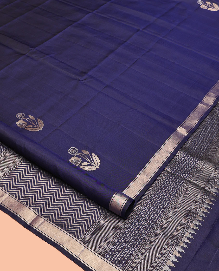 Blue Mayuri Soft Silk Saree, Richly Woven with Floral Zari Buttas All Over Its Body, Highlighted by a Zari Bavaji Border, Pallu of Vanki Designs, and Paired with a Matching Blouse
