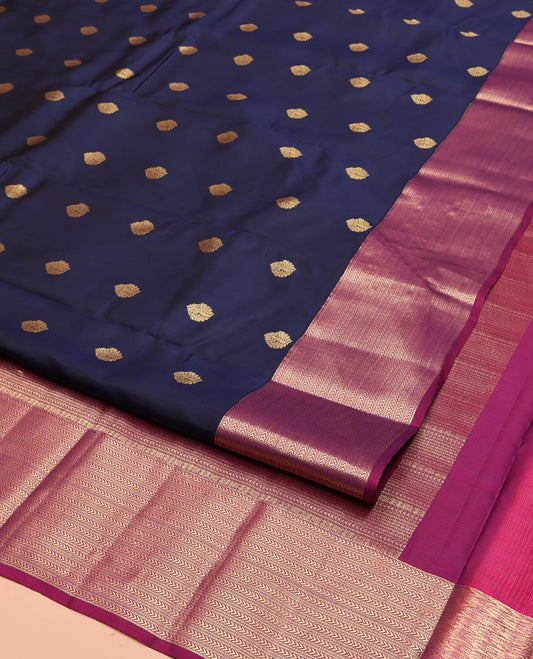 Navy Blue Vasundhara Lite Silk Mix Saree, Elevated with Zari Buttas All Over Its Body, Complemented by a Contrast Border of Muthu, and Kathir Designs, Grand Traditional Design Pallu, and Paired with a Contrast Blouse