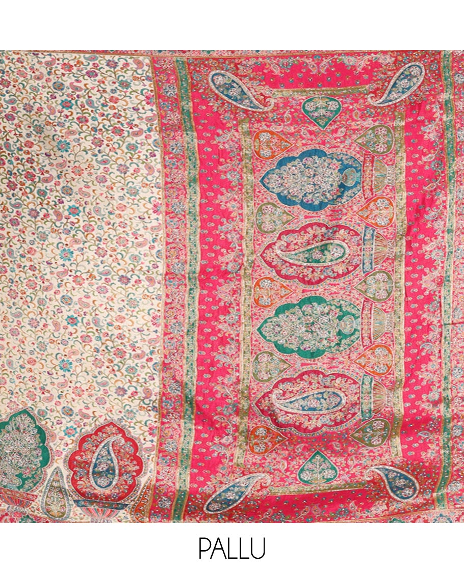 Multi-Color Dola Silk Saree, Elegantly Framed with Colorful Floral Vine on Its Body, Complemented by Contrast Print and Embroidery Border, Intricately Designed Pallu, and Paired with a Contrast Blouse