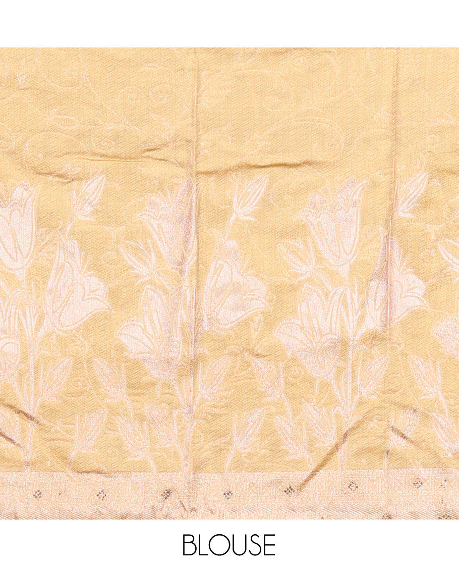 Sandal-Orange Banarasi Half-Saree Features Floral Vine Design Skirt, a Self-Border, a Matching  Blouse, and a Contrast Floral Vine Dhavani