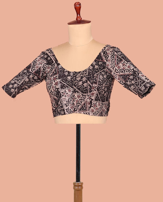 Black Cotton Readymade Blouse Bedecked with All-Over Floral-Geometric Print, Featuring a Front Round-Neck, a Back Round-Neck, and Elbow Sleeves