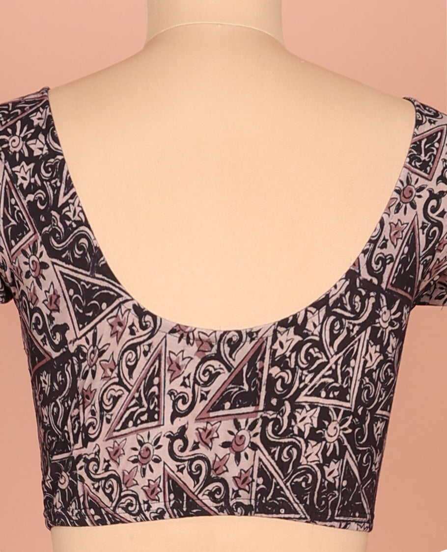Black Cotton Readymade Blouse Bedecked with All-Over Floral-Geometric Print, Featuring a Front Round-Neck, a Back Round-Neck, and Elbow Sleeves