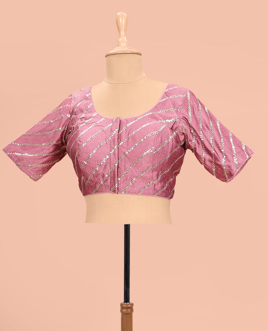 Onion pink diagonal leaf vine sequins embroidered round neck with elbow sleeve blouse