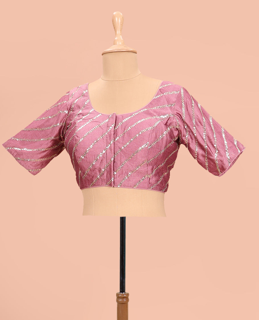 Onion pink diagonal leaf vine sequins embroidered round neck with elbow sleeve blouse