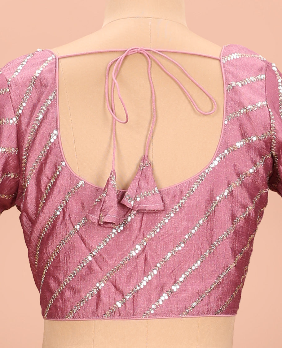 Onion pink diagonal leaf vine sequins embroidered round neck with elbow sleeve blouse