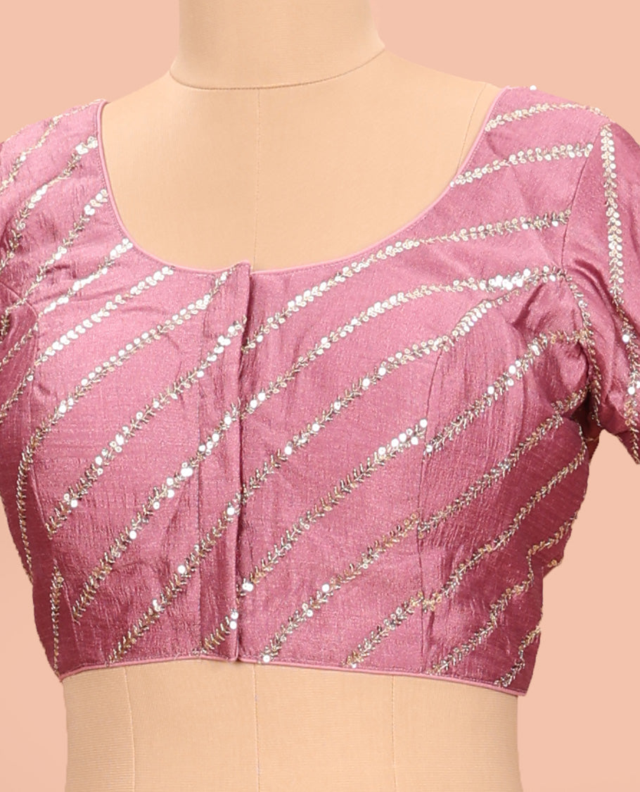 Onion pink diagonal leaf vine sequins embroidered round neck with elbow sleeve blouse