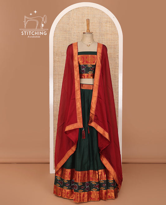 Green lehenga set, plain with contrast kanchipuram traditional zari & ikkat motifs woven border skirt, matching blouse & contrast zari border dhavani