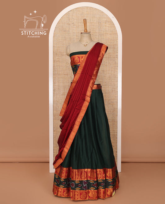 Green lehenga set, plain with contrast kanchipuram traditional zari & ikkat motifs woven border skirt, matching blouse & contrast zari border dhavani