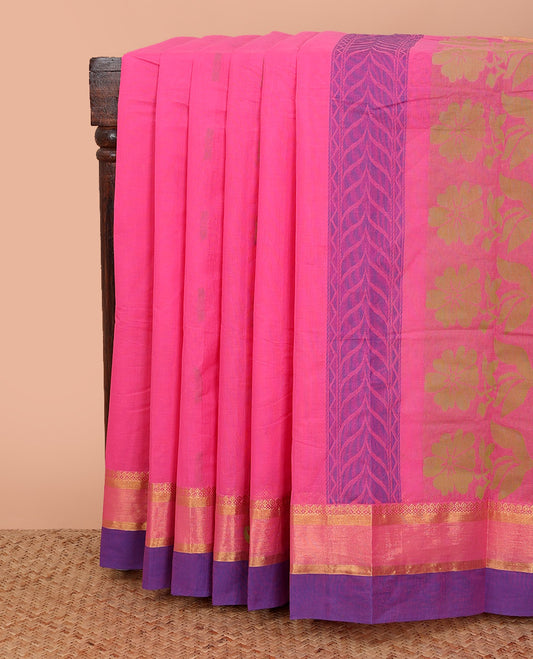 Pink buttas Kanchi cotton saree, contrast zari border, and pallu of floral designs