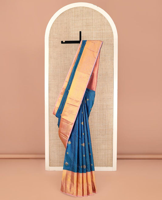 Blue Budget Silk Saree, Gracefully Embellished with Zari Butta Enclosed Checks on Its Body, Complemented by Contrast Traditional Zari Border of Paisley Designs, Grand Jaal Pallu, and Paired with a Contrast Blouse