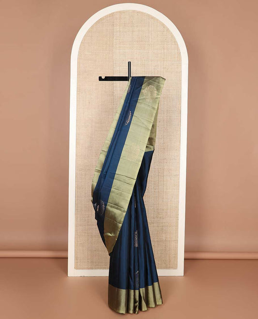Blue zari buttas silk mix saree, contrast unique design border & pallu of geometric designs