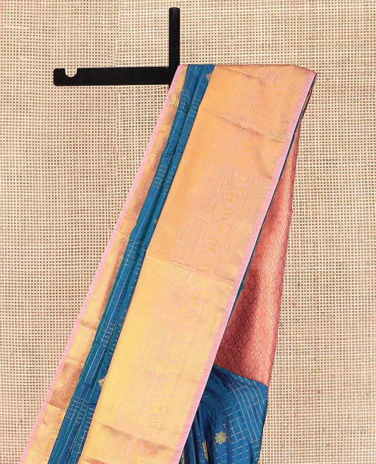 Blue Budget Silk Saree, Gracefully Embellished with Zari Butta Enclosed Checks on Its Body, Complemented by Contrast Traditional Zari Border of Paisley Designs, Grand Jaal Pallu, and Paired with a Contrast Blouse