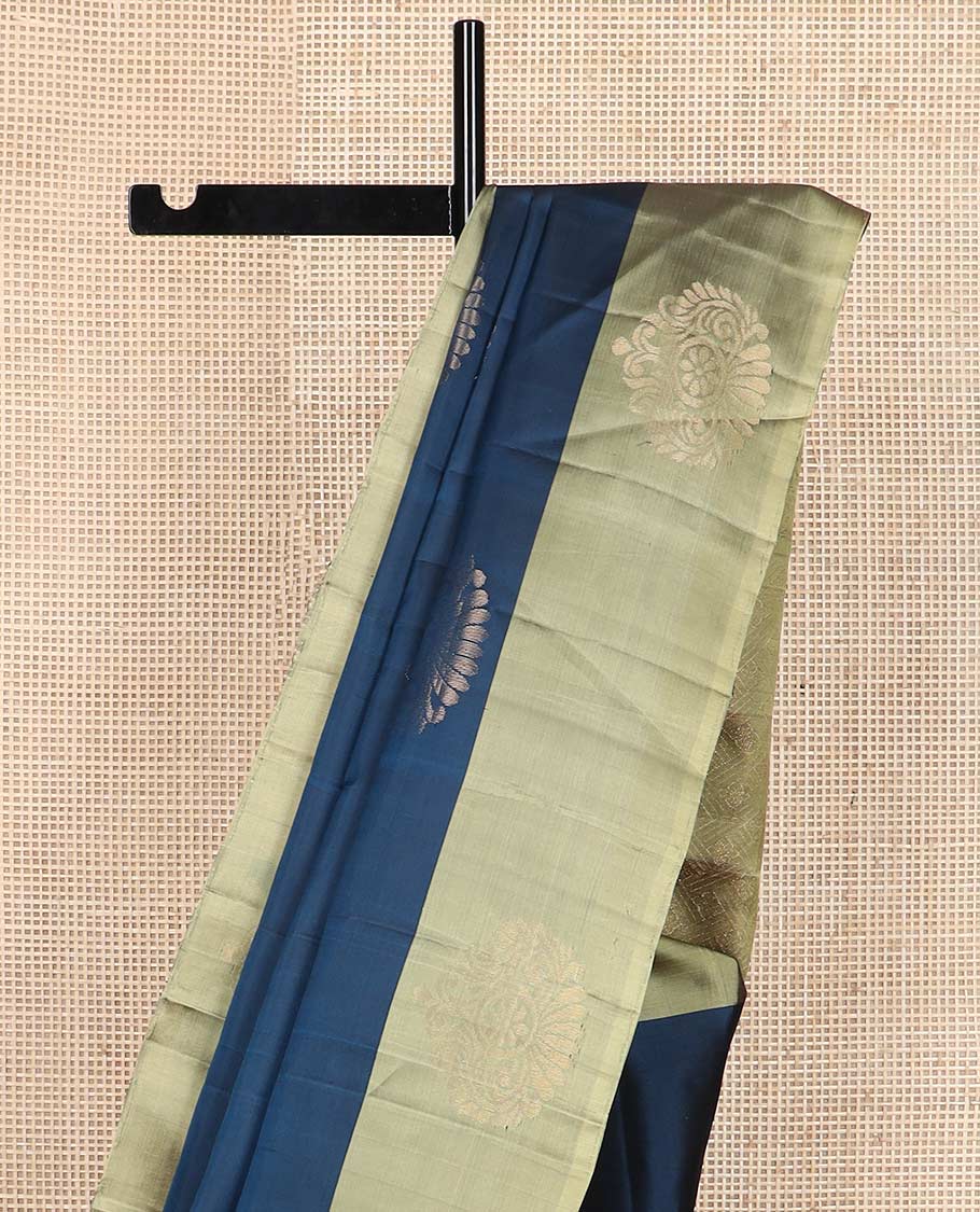 Blue zari buttas silk mix saree, contrast unique design border & pallu of geometric designs