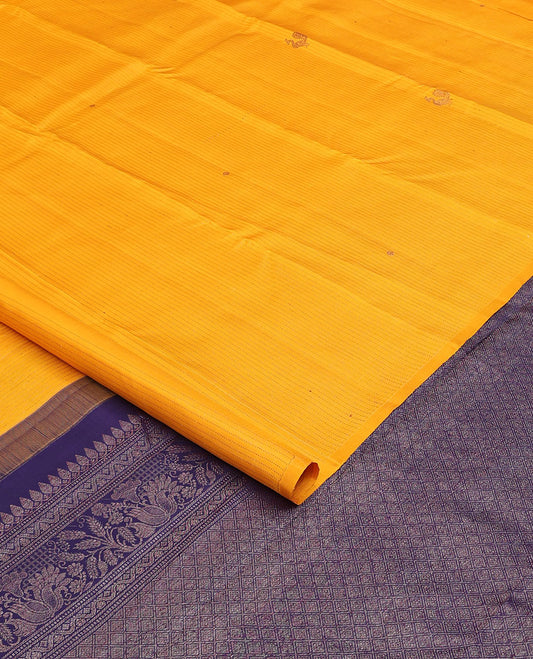Borderless yellow stripes and mayil buttas Kanchipuram silk saree, contrast pallu of thilakam mokku,muthu,floral design and jaal design