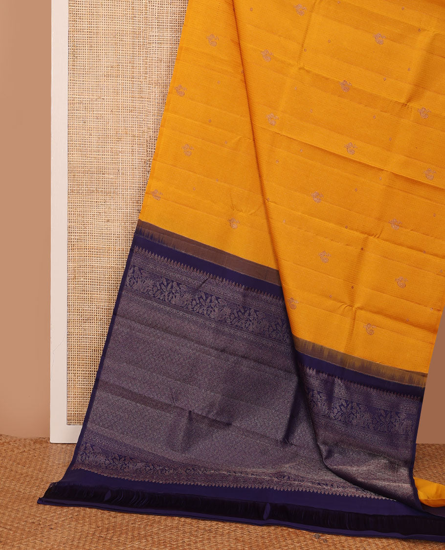 Borderless yellow stripes and mayil buttas Kanchipuram silk saree, contrast pallu of thilakam mokku,muthu,floral design and jaal design