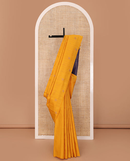 Borderless yellow stripes and mayil buttas Kanchipuram silk saree, contrast pallu of thilakam mokku,muthu,floral design and jaal design